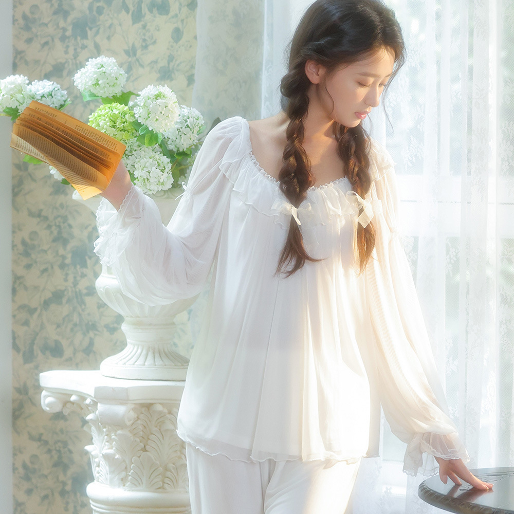 Classic Round Neck Modal Princess Style Pajamas Pure Lust Lace Mesh Long-Sleeved Pants Girls Home Wear Set