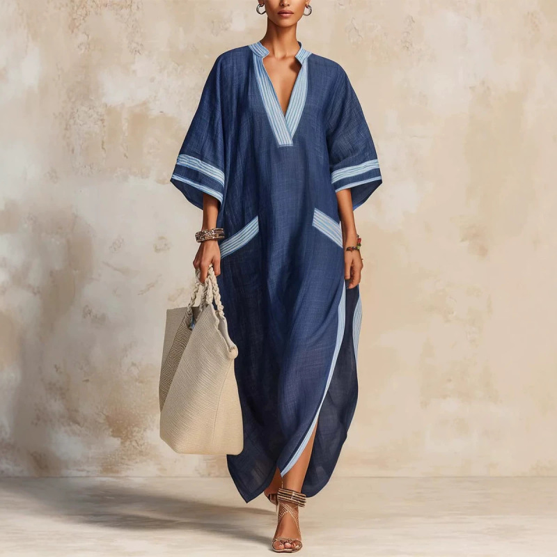 Bohemian Resort Style Navy Blue Striped Linen Robe Loose V-Neck Slit Beach Cover-Up Long Dress