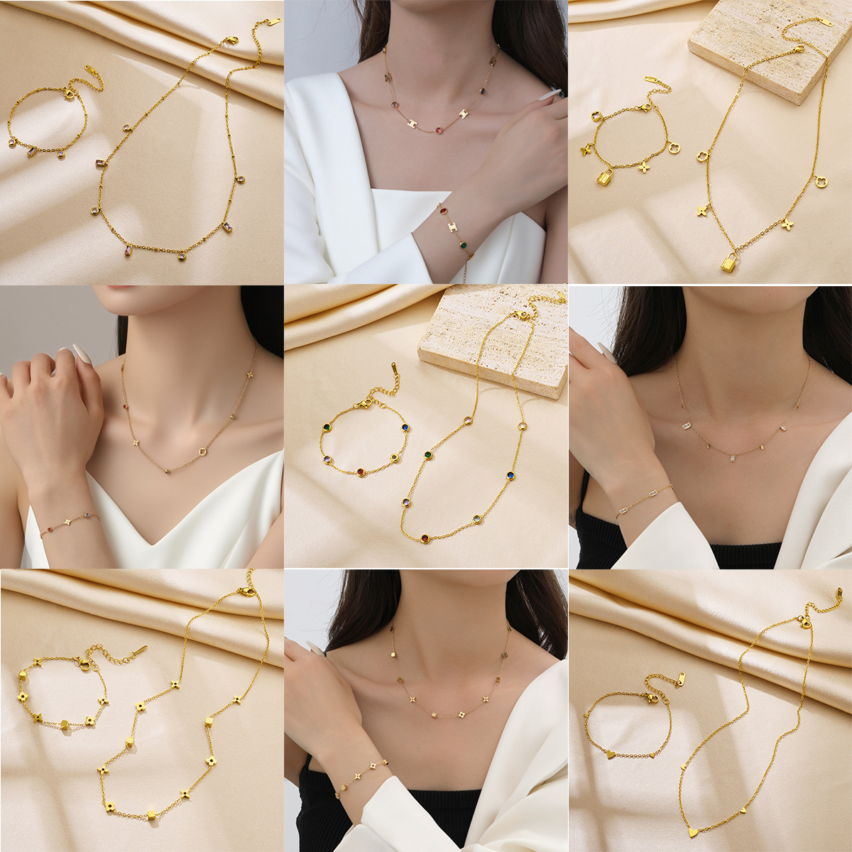 Geometric Square Light Luxury New Dopamine Necklace Design Stainless Steel Bracelet Jewelry Set Clavicle Chain Wholesale