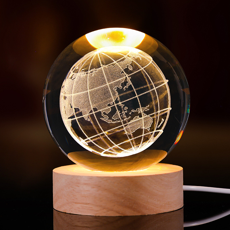 Bola de cristal luminosa lámpara de noche 3D esculpida estrella base de madera sólida regalo de cumpleaños decoración de escritorio creativa
