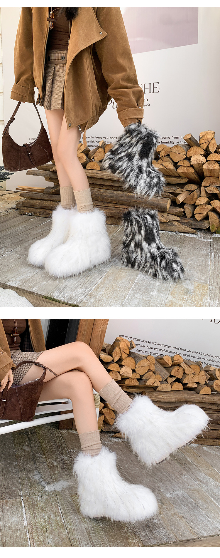 Boot nữ cổ thấp lông trắng đế xuồng tăng chiều cao mùa đông — màu đen chi tiết 17