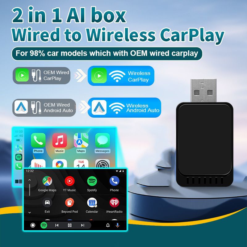 Wired to wireless CarPlay box suitable for Mercedes-Benz and Audi car systems, enabling Apple and Android two-in-one connectivity