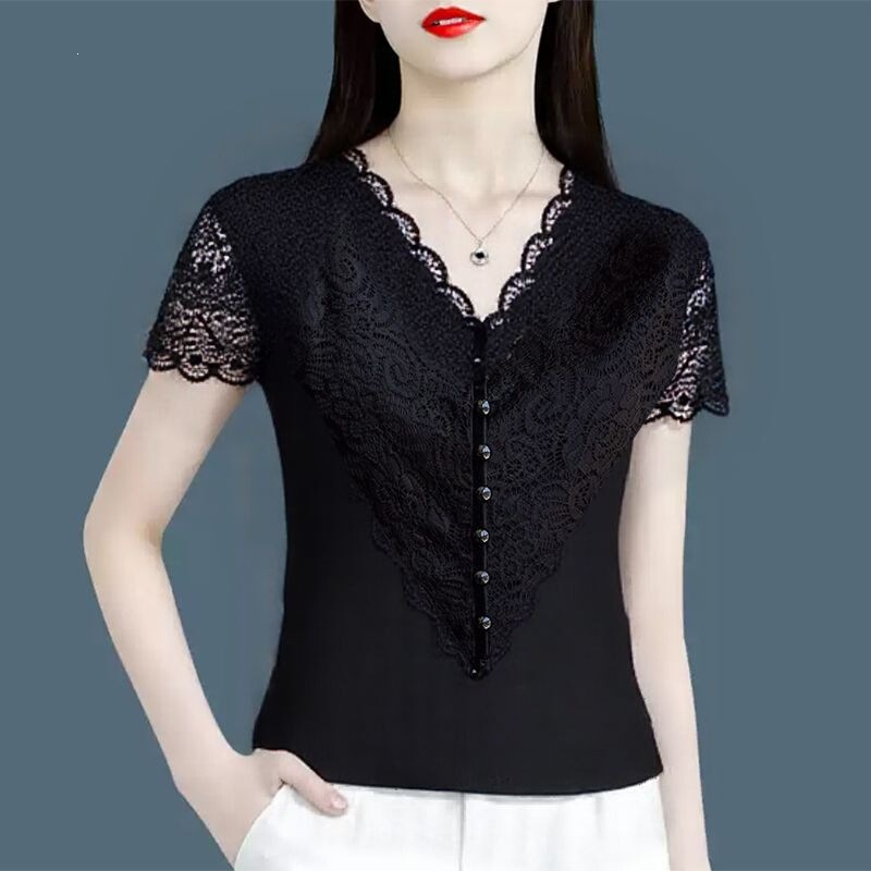 Fashionable lace short-sleeved women's top, tummy-covering, retro style, 2026 summer new collection, black beaded V-neck base shirt