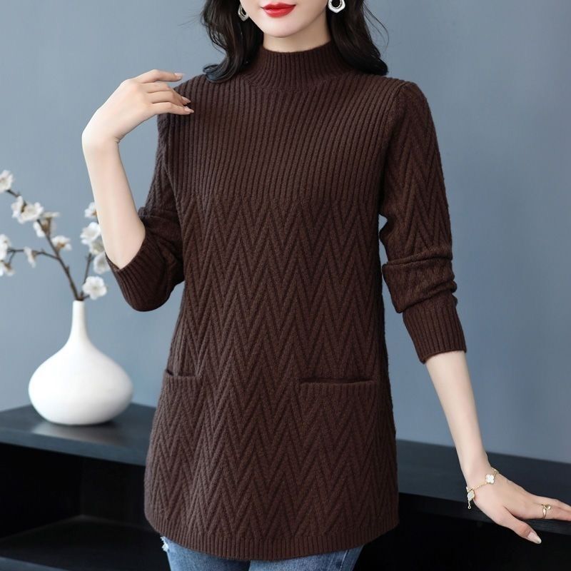 Thickened New Sweater High Collar Bottoming Knitted Large Size Top Autumn and Winter Mid-Length Loose Style for Female Mothers Mid-Length