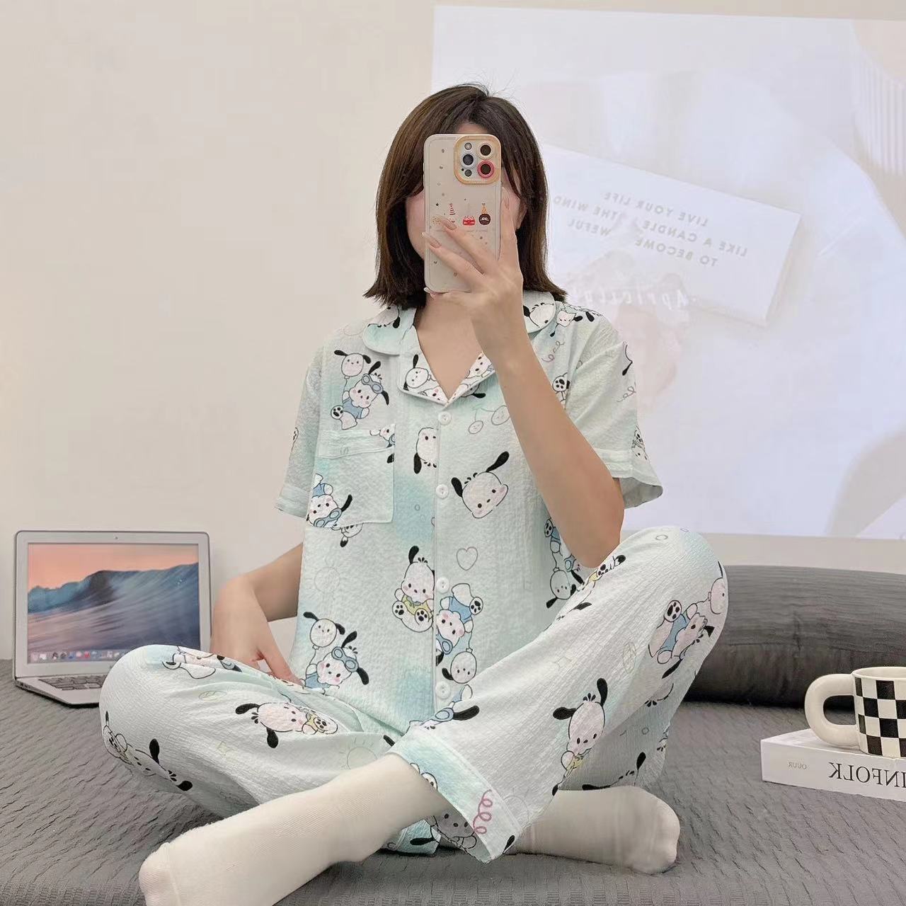 Pajamas de espuma tejidos de verano de algodón pantalones largos de mangas cortas ropa para el hogar de verano delgada de algodón conjunto de dos piezas