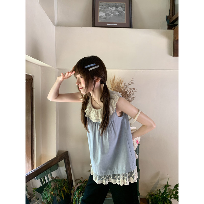 Sweet and gentle style double-layer lace collar camisole for women, summer niche loose sleeveless top Sweet and gentle style double-layer lace collar camisole for women, summer niche loose sleeveless top