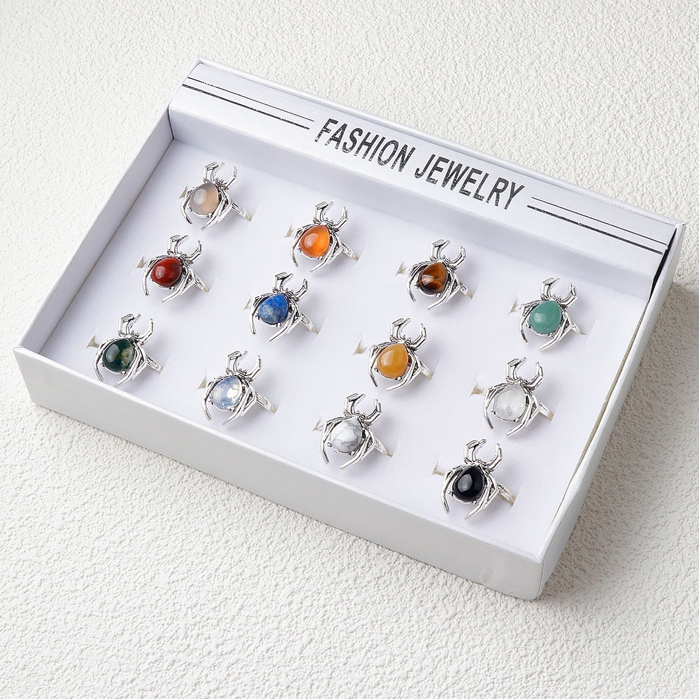 Natural Crystal Agate Stone Inlaid with Gemstones, Punk-Style Spider Ring, Halloween Accessory, Cross-Border New Product