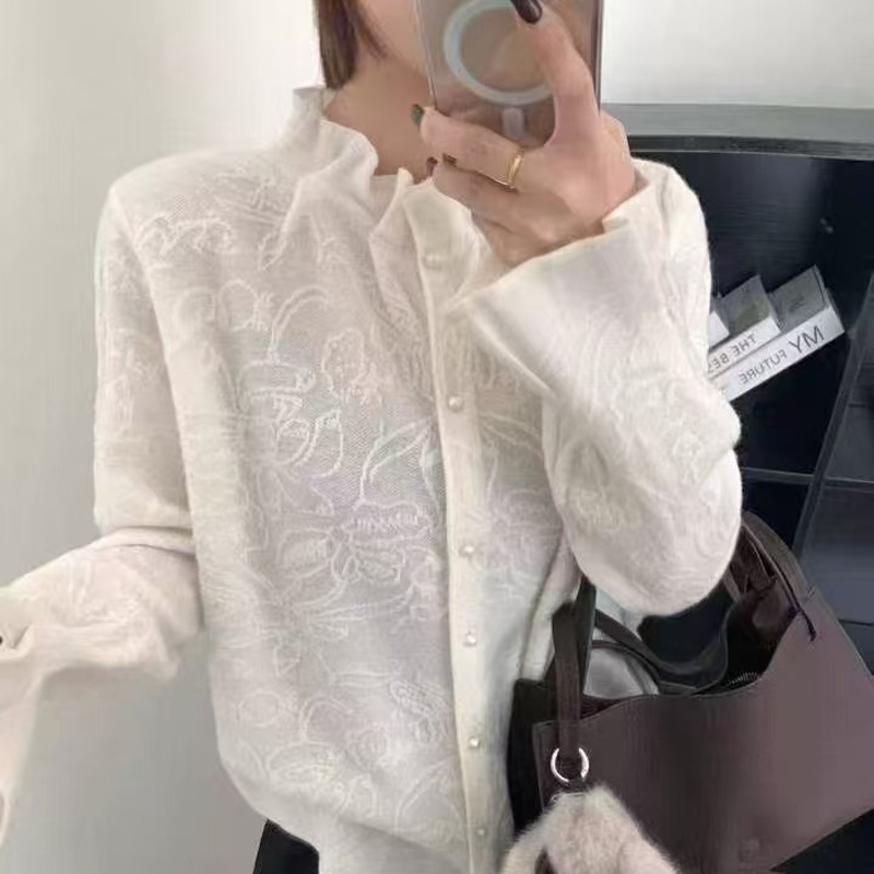 New European-Style Fashionable Organza Cardigan with Ruffled Collar, Slightly Flared Cuffs, Pearl Buttons, and Jacquard Design, Comfortable Knit Sweater