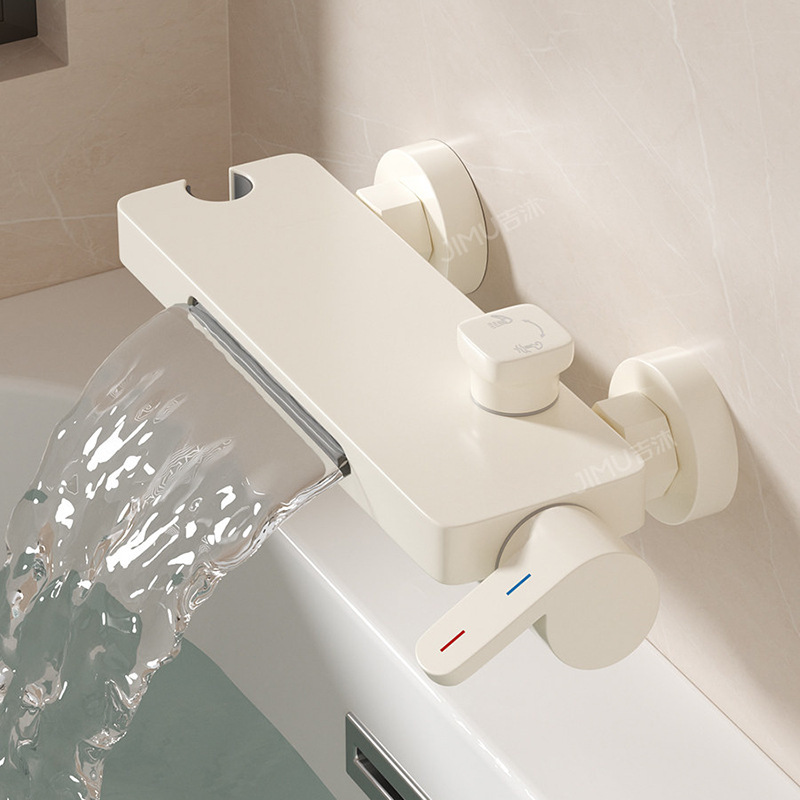 Cream-Style Bathtub Faucet with Waterfall Wall Outlet, High-Flow All-Copper Mixing Valve, Hot and Cold Shower Set Faucet