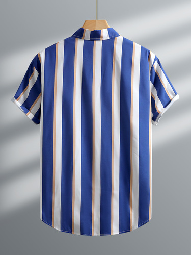 Summer New European Size Striped Casual Shirt Short Sleeve Shirt Men Loose Matchable 2025 New Model Cross-border Exclusive Supply