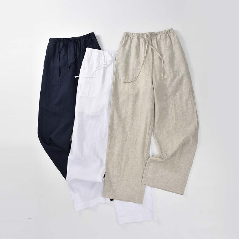 Pure Linen Straight-Leg Pants, Cool and Breathable, Elastic Waist, Rain Dew Linen Women's Pants, Thin Linen Material, High and Slimming