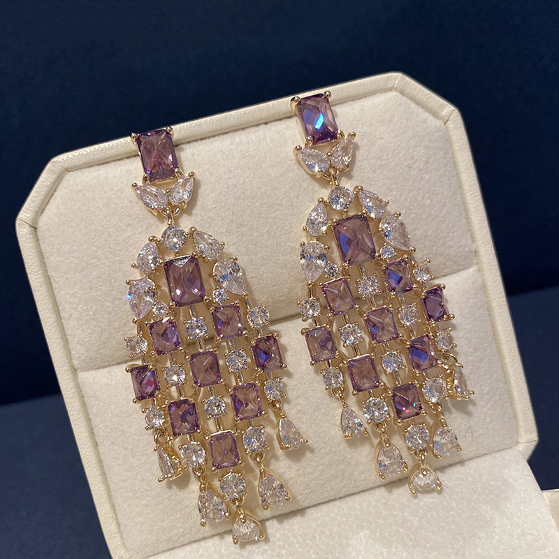 Light Purple Crystal White Zirconium Scallop Earrings Tassel Earrings Silver Needle Elegant Glaze Unique Light Luxury High-end Sense display picture 11