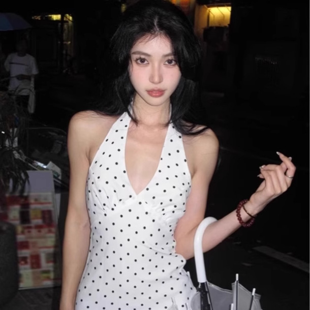 White Polo Dot V-neck Neck dress Women's 2025 Summer New French Style Sexy Backless Elegant Mid-length Skirt