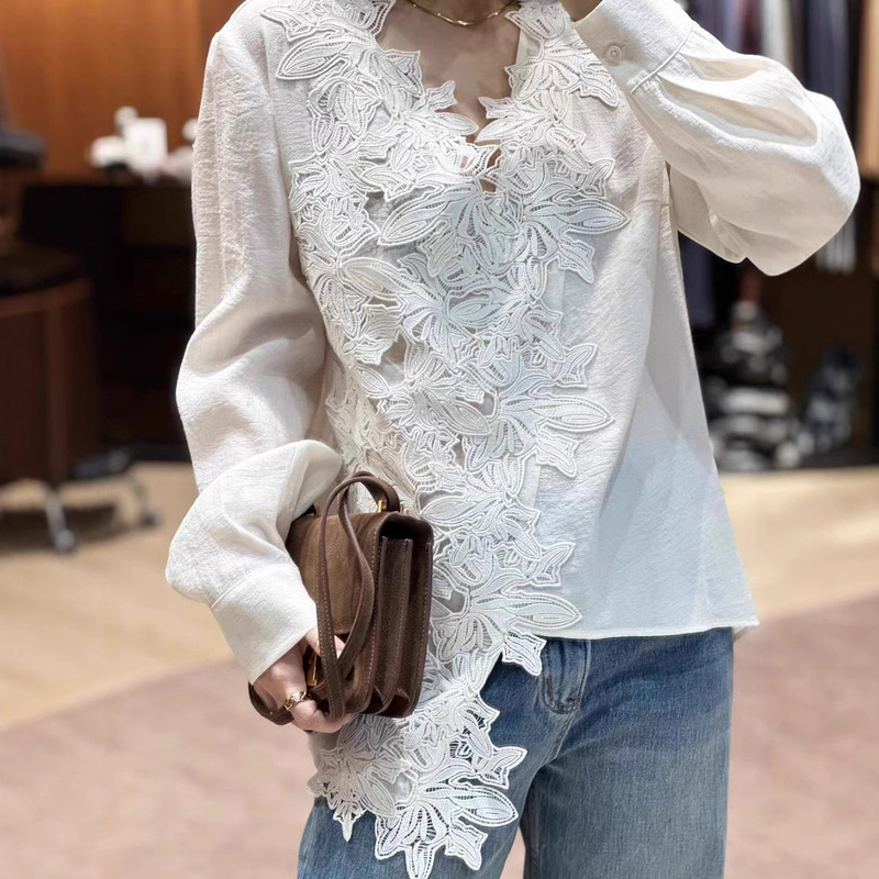 Early Spring New Style All-Linen Patchwork Irregular Top for Outerwear, Base Layer with Water-Soluble Floral Lace, Long-Sleeve Pullover V-Neck Shirt