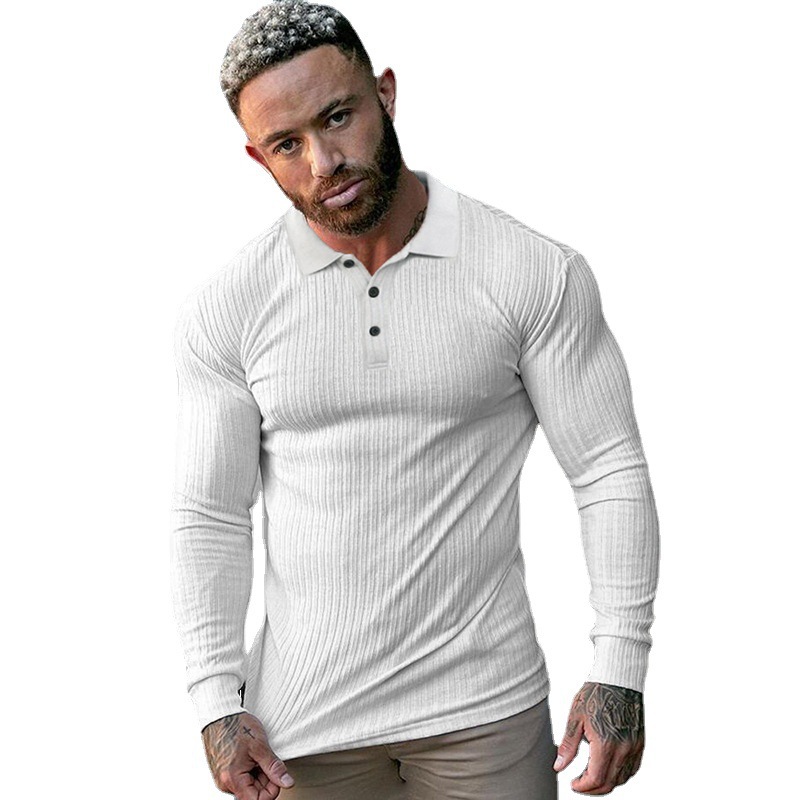 INS camisa de polo deportiva de manga larga de otoño para hombres musculosos europeos y americanos camiseta de fitness de solapa transpirable de punto elástico de moda