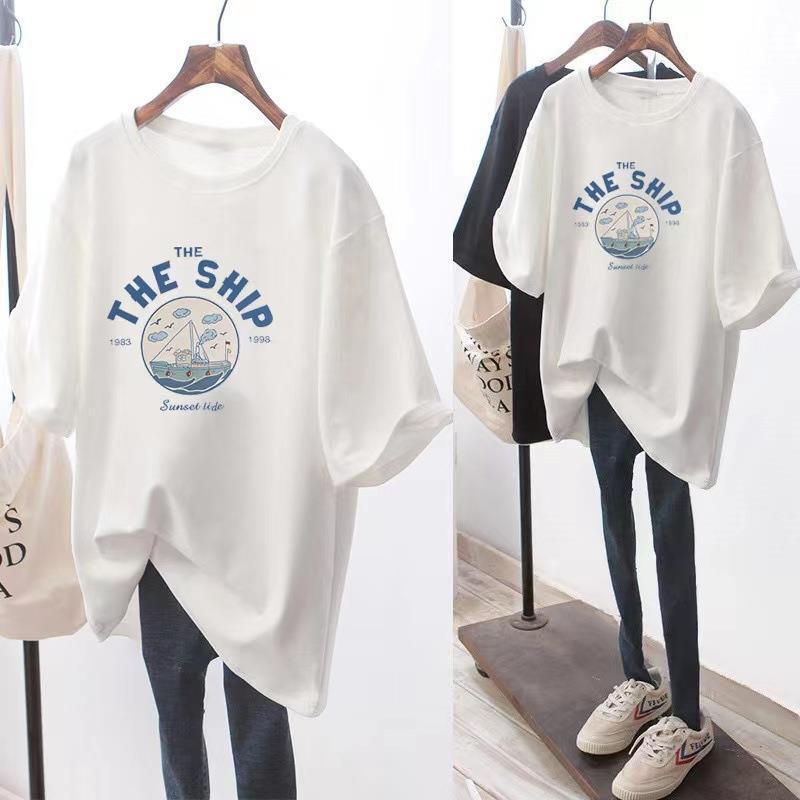 Printed Short-Sleeved T-Shirt for Women Spring and Summer 2025 New Fashion Loose Large Size Round Neck White Bottoming Top for Fat Women