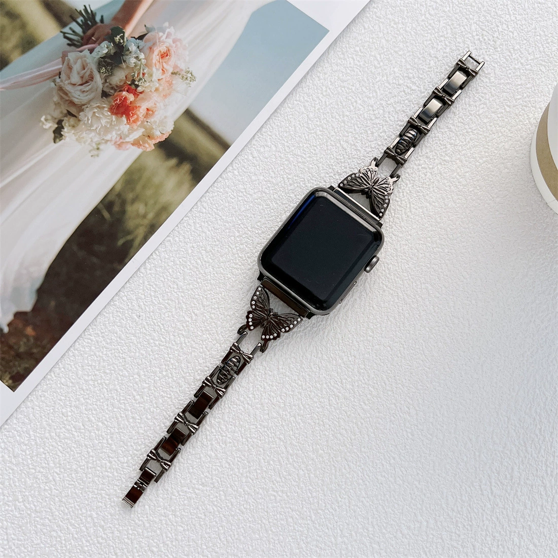 Совместимо с Apple Watch SE, Apple 1–7 поколения, ремешок из металлической цепи в стиле бабочки Hermes H, модный