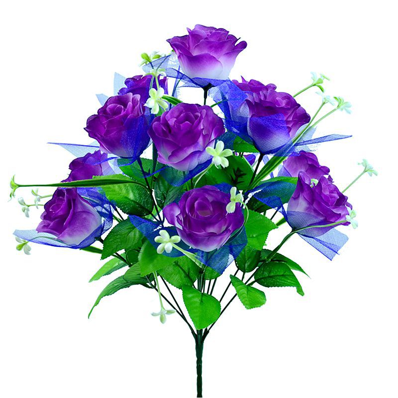 Fabricante de flores artificiales, venta al por mayor de rosas artificiales con doce cabezas, hierba estrella con gasa, rosas pavo real, flores de seda, ramos de flores artificiales.
