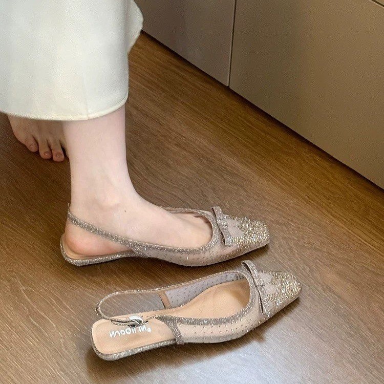 Mesh sandals with rhinestones with bow