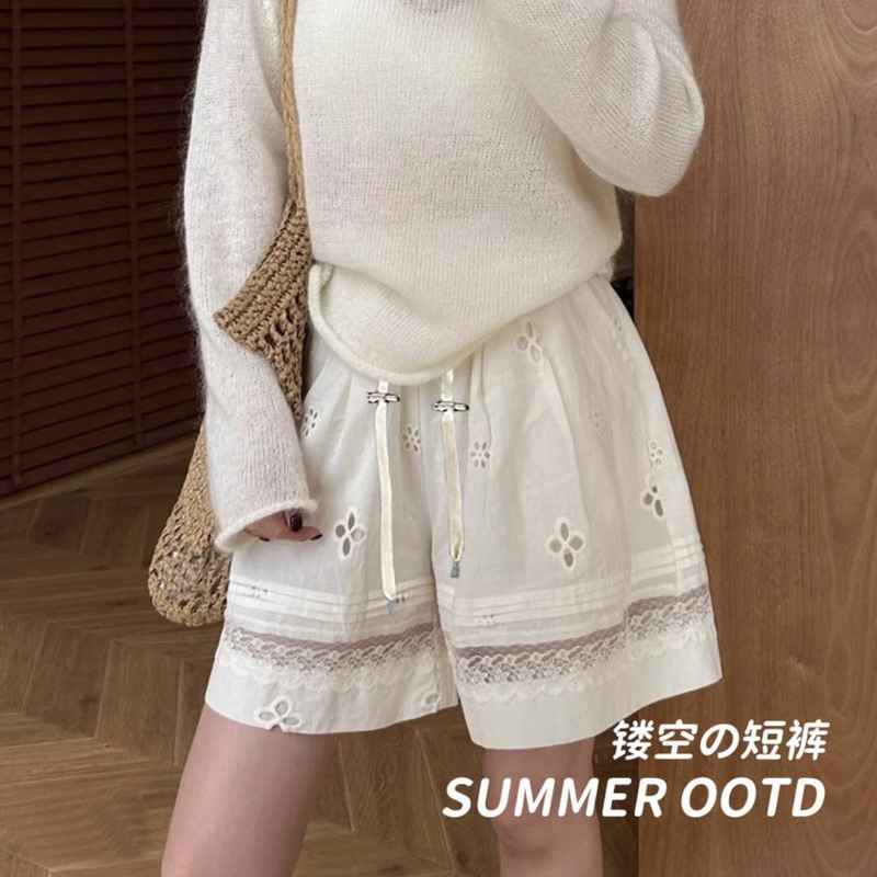 100 Cotton Pregnant Women's Shorts Drawstring Style Embroidered Crochet Hollow Casual Pants Women's Lace Stitching Wide Leg Pants Spring and Summer
