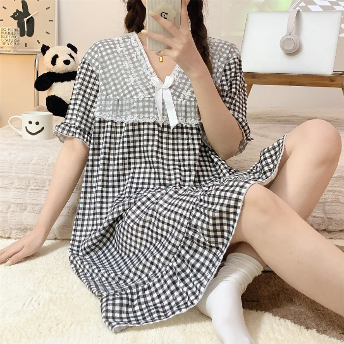 Comercio exterior verano camisón de encaje manga corta pijamas delgada dibujos animados dulce lindo estudiante seda la leche desgaste del hogar