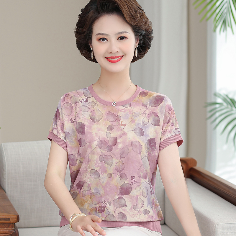 Middle-aged and elderly mothers summer short-sleeved ice silk T-shirt foreign-style 40-55 year old middle-aged women's loose top women's Mother's Day