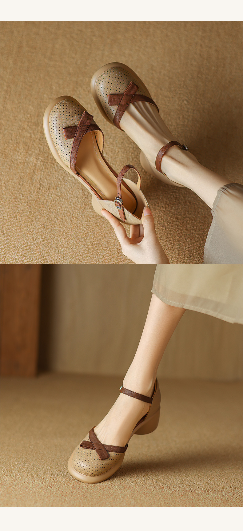 Sandal nữ bít mũi đục lỗ da cừu, quai ngang thắt nơ, gót vuông đế dày — Màu trắng be chi tiết 10