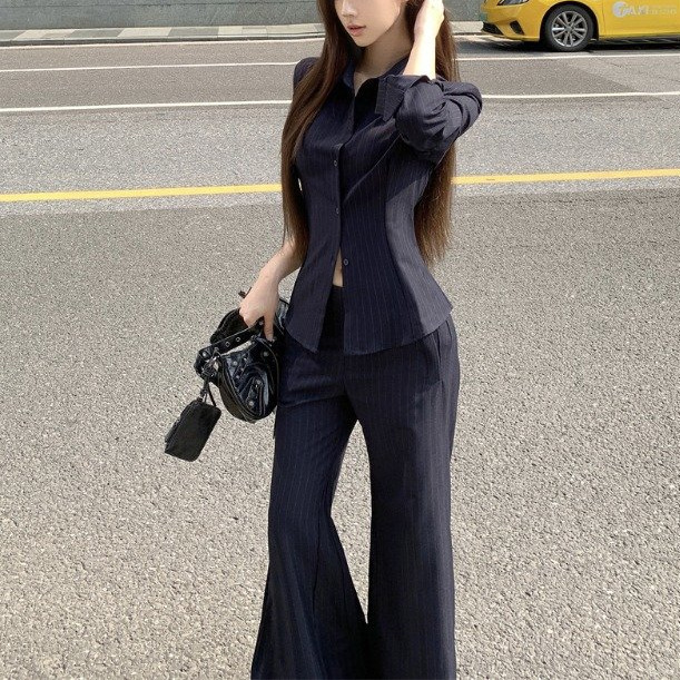 御姐高级感套装气质polo领长袖条纹衬衫女秋季微喇叭休闲裤两件套|undefined