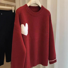 韩版爱心红色毛衣针织衫秋冬季慵懒时尚套头上衣女装米白色白枕鹤