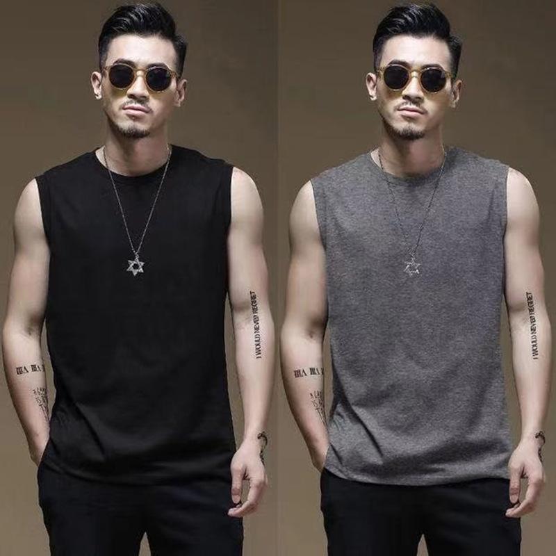 Summer Solid Color Round Neck Vest Men's Fitness Sports Sweatshirt Men's Casual Base Wide Shoulder Sleeveless Vest T-shirt
