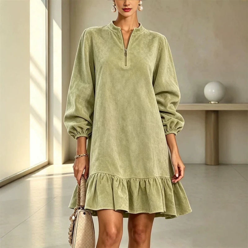 New cross-border e-commerce autumn loose-fitting ruffled solid color zippered casual home dress for women New cross-border e-commerce autumn loose-fitting ruffled solid color zippered casual home dress for women