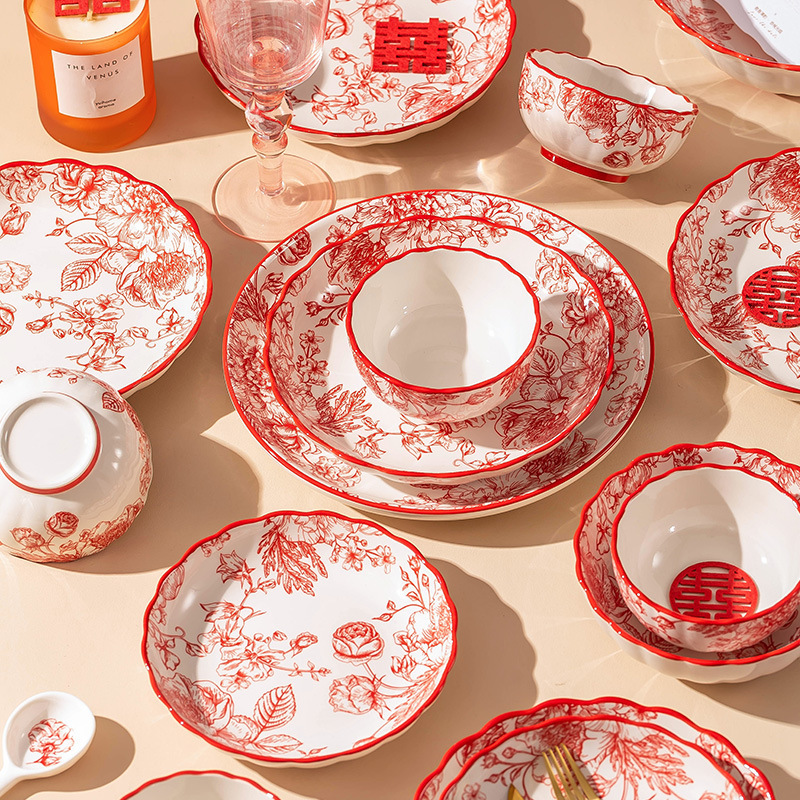 Underglaze color ceramic tableware for wedding dishes and plates suit wedding gifts red festive flower gift box to give away