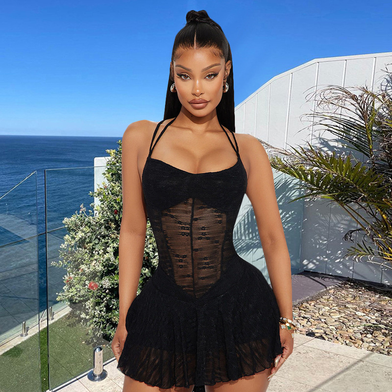 51263 Nazada Sexy Women's Wear European and American Cross-border New Style Lace Neck Princess Dress Backless Perspective dress