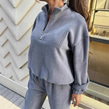 跨境欧美新款时尚两件套亚马逊秋冬加厚奥粒绒半立领卫衣长裤套装