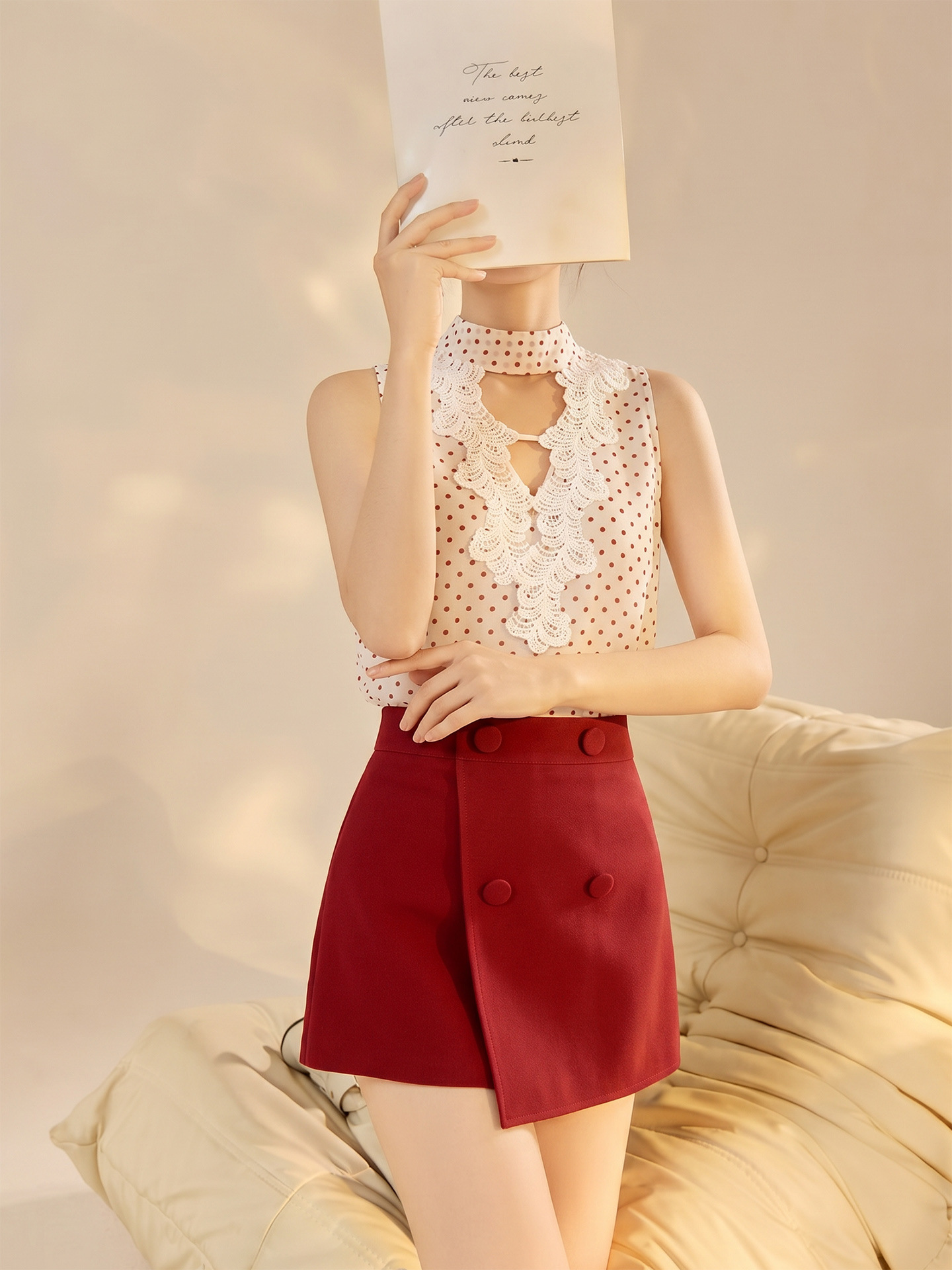 Set vest và chân váy ngắn họa tiết chấm bi phong cách Tân Trung Hoa mùa hè — Trang phục [Vest+Half Dress], nửa váy, Trang phục [Áo vest+quần short], quần đùi