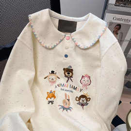 日系秋季爆款设计感宽松减龄可爱娃娃领卡通小动物刺绣彩点卫衣
