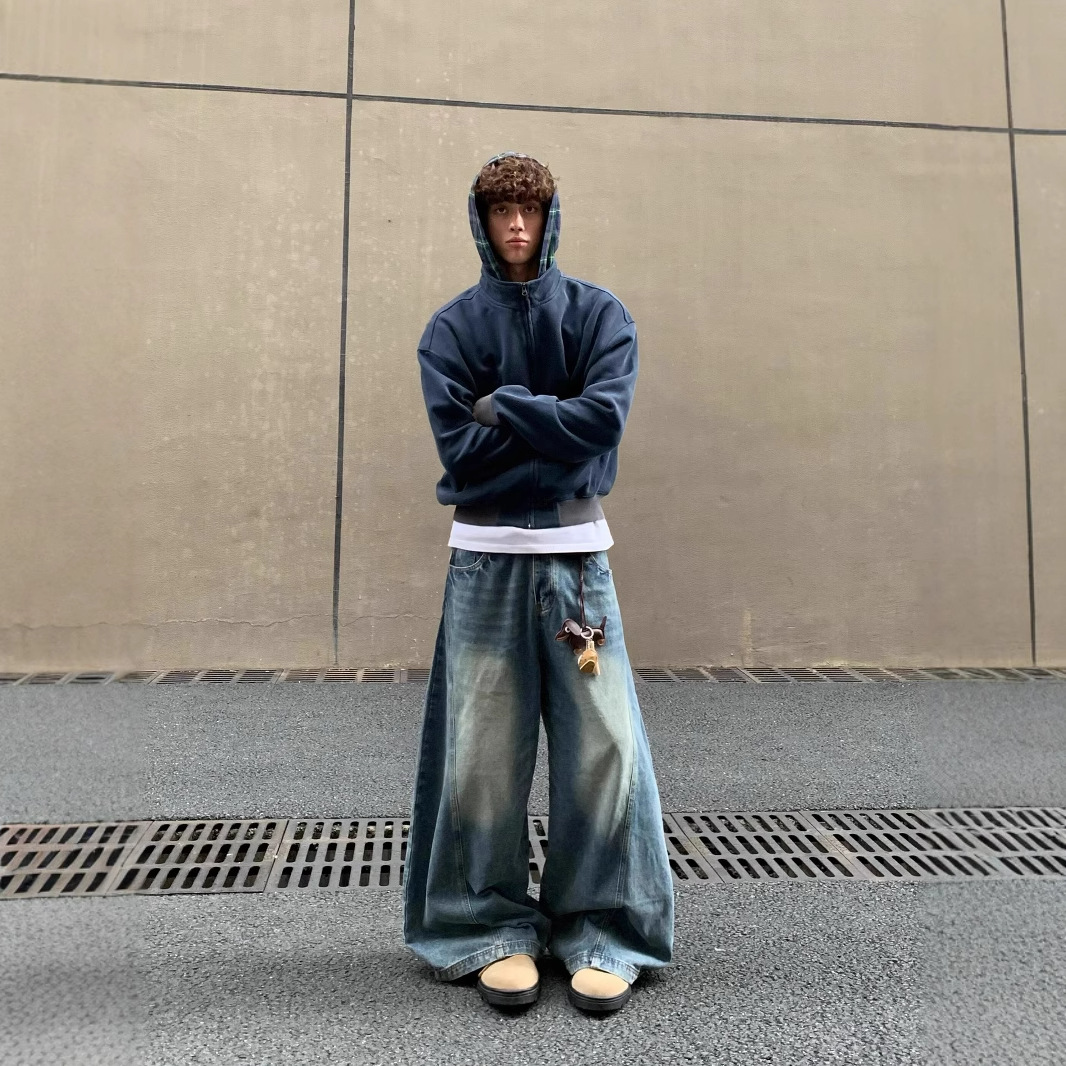 아메리칸 레트로 페이크 투피스 바이브 후드 스웨터 남자 2024 년 봄과 가을 새로운 느슨한 커플의 카디건 자켓 트렌디