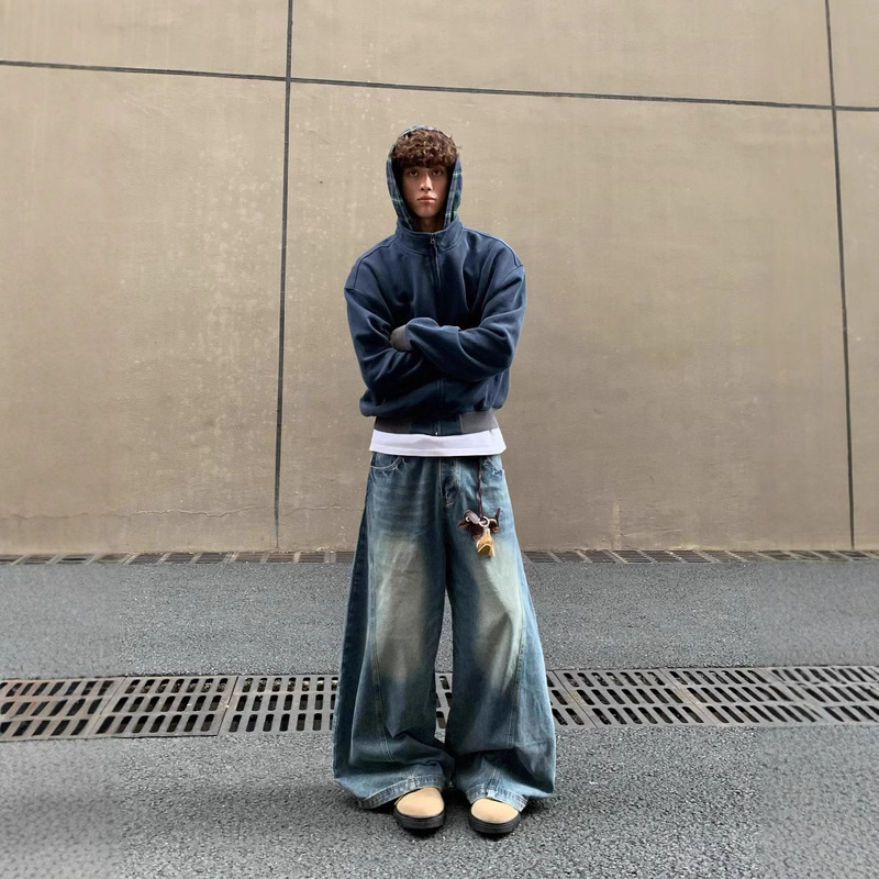 American Retro Fake Two-piece Vibe Hooded Sweater Men's 2024 Spring and Autumn New Loose Couple's Cardigan Jacket Trendy