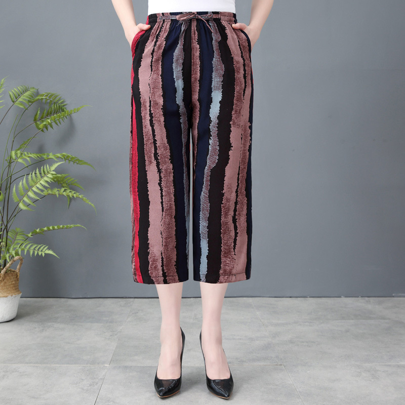 Middle-aged Mom's Wide-leg Pants Women's Printed Capri Pants Casual Large Size Thin Summer with Staggered Waist