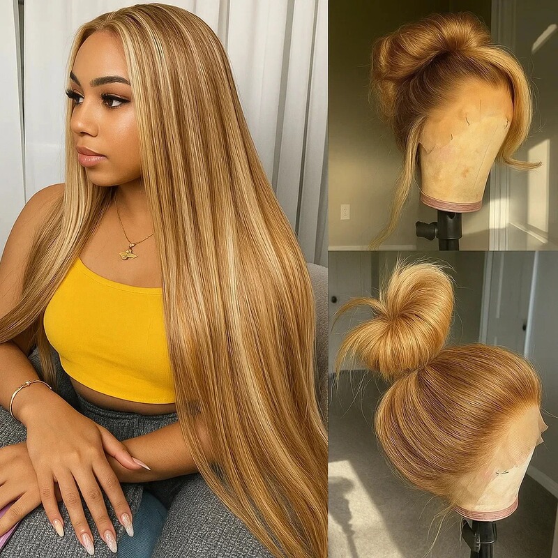 P4/27 Highlight Bone Straight 13x4 HD Lace Front Wig Brazilian Color Yellowish Brown Women's Human Hair P4/27 Highlight Bone Straight 13x4 HD Lace Front Wig Brazilian Color Yellowish Brown Women's Human Hair