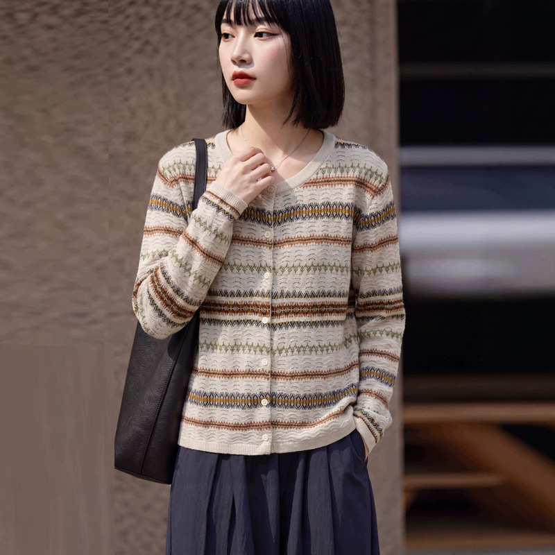 Vintage Color-Block Striped Knit Cardigan Autumn Sweater Coat for Women Round Neck Fine Knit Jacquard Base Shirt Wholesale Vintage Color-Block Striped Knit Cardigan Autumn Sweater Coat for Women Round Neck Fine Knit Jacquard Base Shirt Wholesale