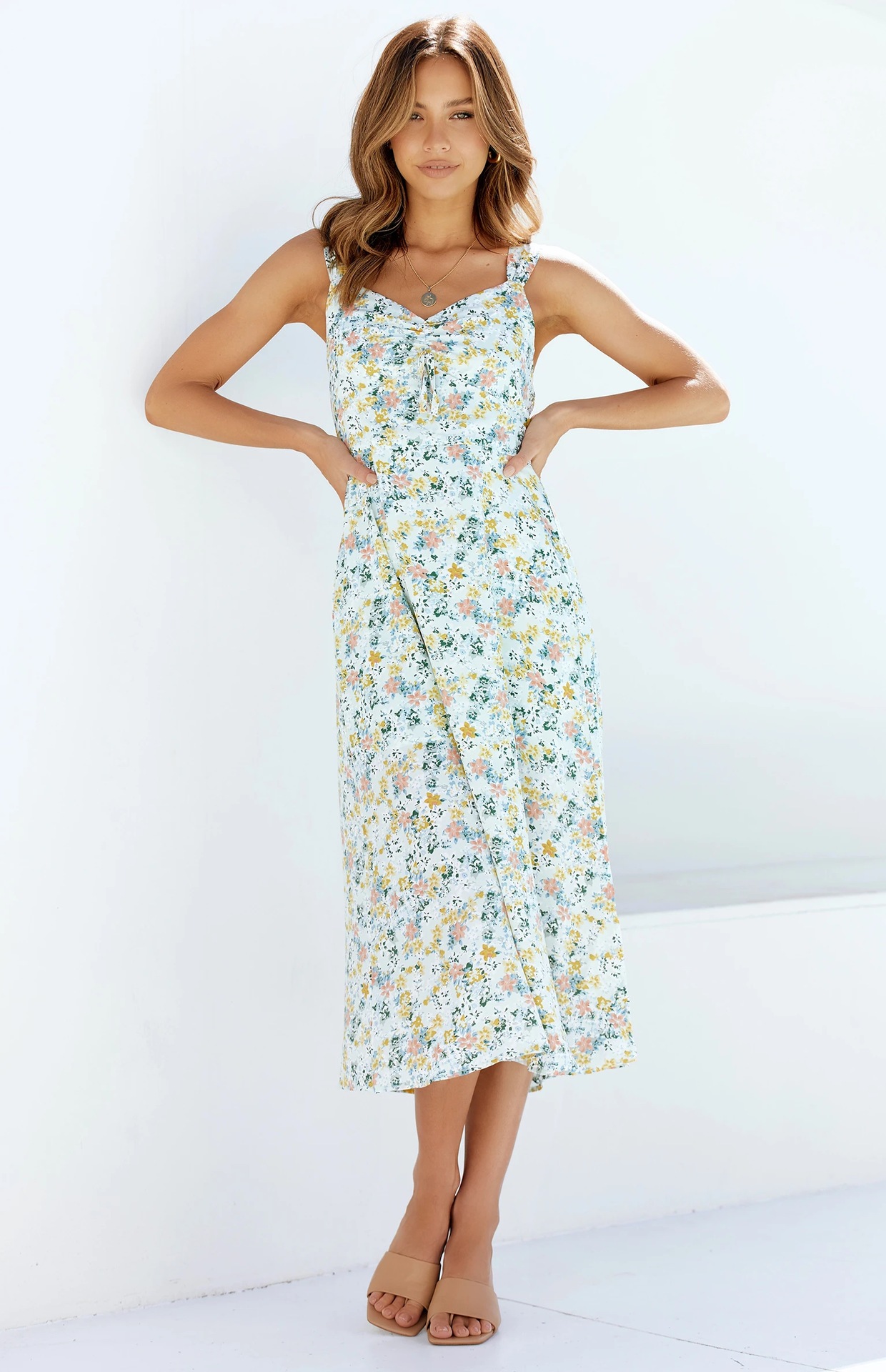 V-neck backless suspender printed mid-length dress  NSYD50938