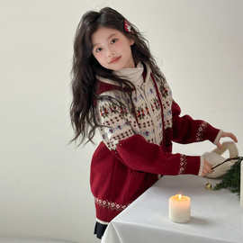 女童秋冬红色连帽毛衣2025新款女大童冬装拉链针织开衫圣诞毛线衣