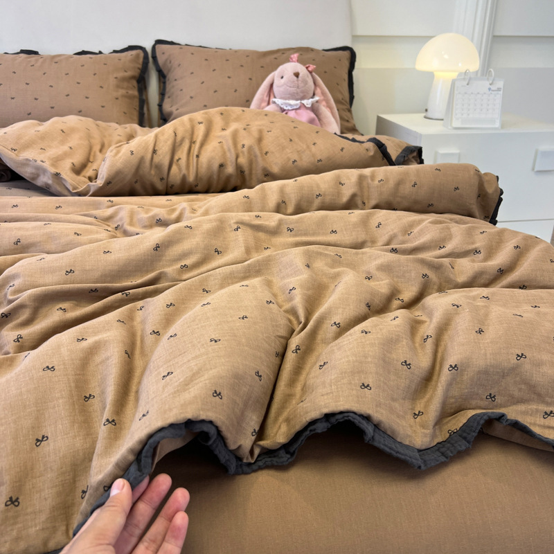 クラスAフレンチベッド4点セット、しわ加工糸、純綿、小花レース、学生寮用ボックスシーツ3点セット|undefined