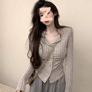 美式温柔减龄风针织衫女秋季长袖翻领设计感修身显瘦气质开衫上衣