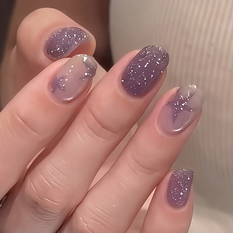 Autumn and winter popular nail art pieces: purple gradient five-pointed star cat-eye nail stickers, fake nails for trendy girls, short wearable nails