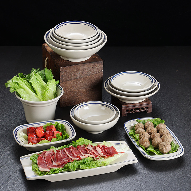 멜라민 식기 블루 라인 복고풍 시장 냄비 반찬 접시 향수를 불러 일으키는 얕은 그릇 접시 그릇 충칭 오래된 냄비 접시 상업