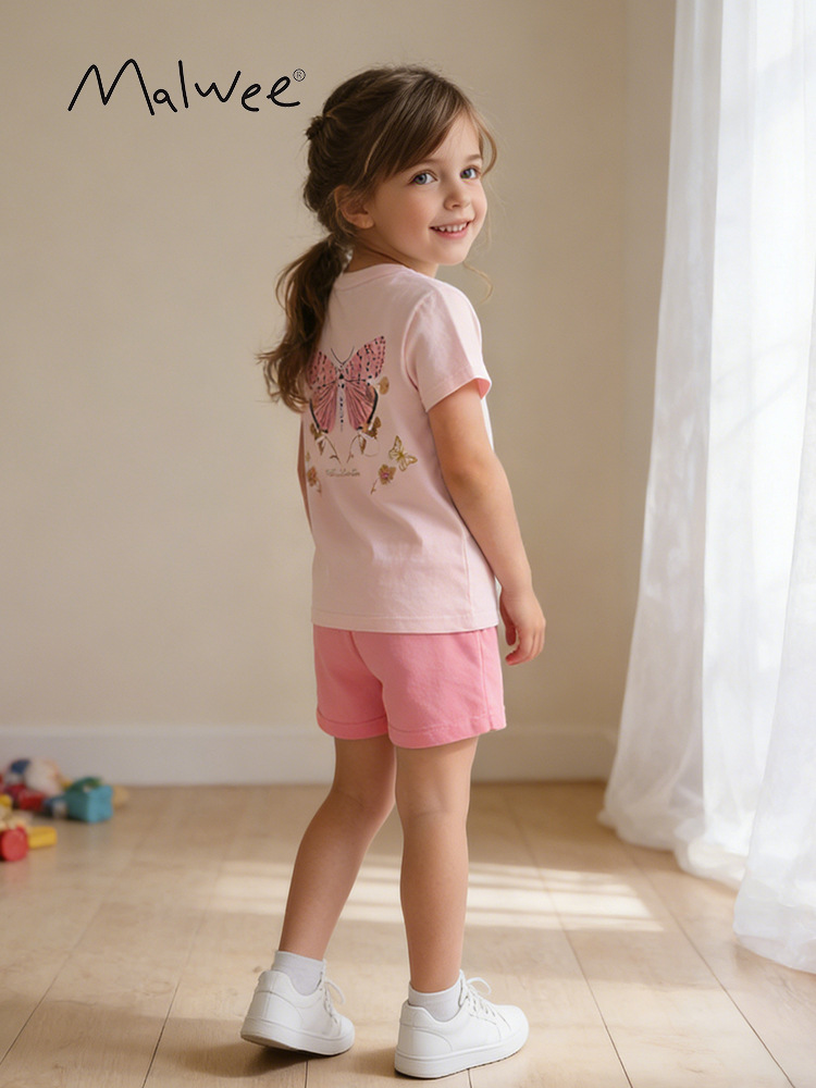 Transfronterizo malwee niñas adorables niñas camisetas de cuello redondo europeas y americanas para niños de verano y pantalones de dos piezas