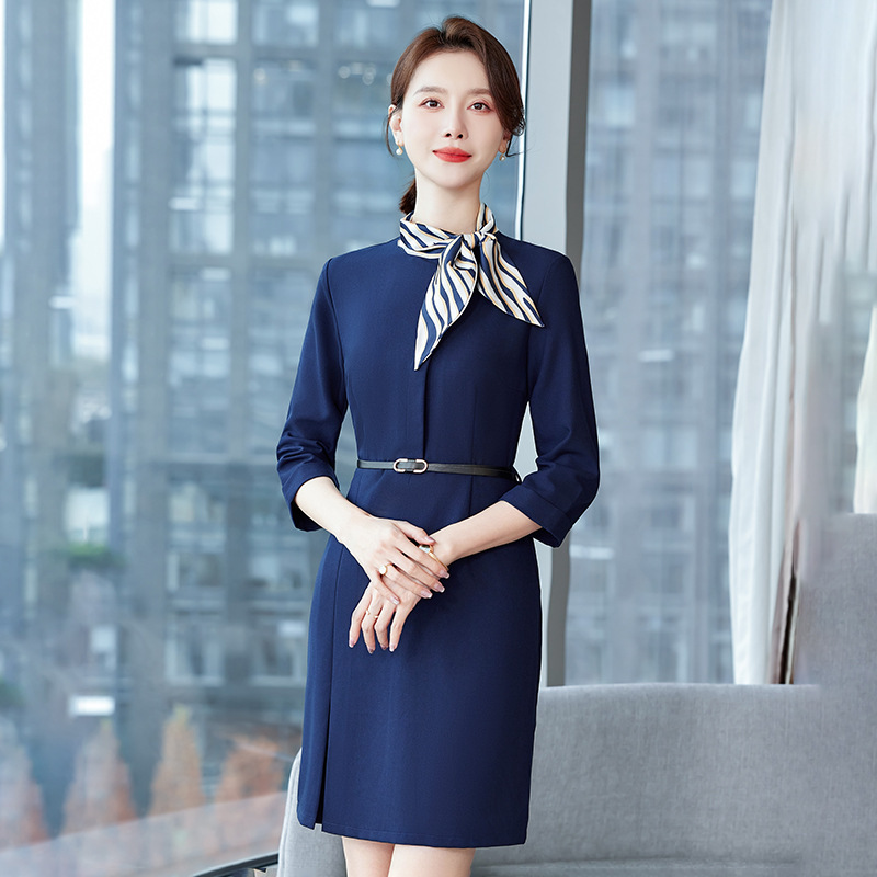 Blue professional dress women's spring and summer formal wear hotel front desk reception tooling jewelry shop beautician overalls OL Blue professional dress women's spring and summer formal wear hotel front desk reception tooling jewelry shop beautician overalls OL