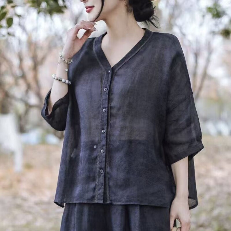 2025 Short Cardigan Summer Retro Hemp Art Style Ramie Printed Shirt Fashionable Middle-Aged and Elderly Mother's Clothing Versatile Wide